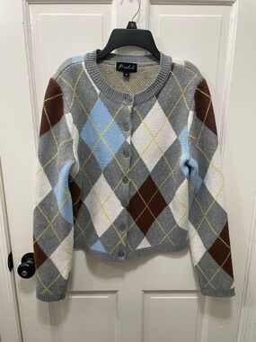 Marled Gray Argyle Button-Up Cardigan with Blue & Brown Accents